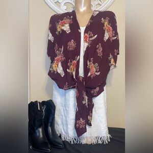 Angie women’s medium kimono cardigan boho cowgirl western floral deep red